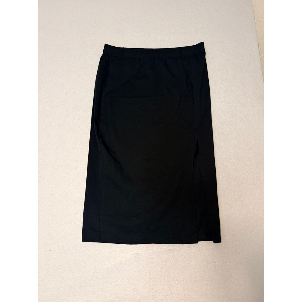 Black Stretch Cotton Midi Alt Pencil Skirt Side Slit L
